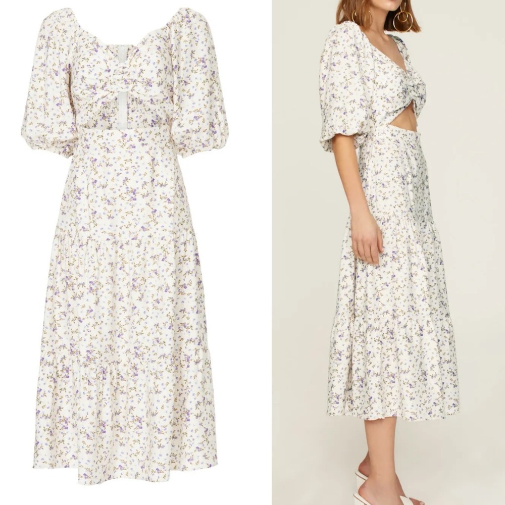 MINKPINK Hailey Cut Out Floral Puff Sleeve Midi Dress S Blue Purple Cottage Core